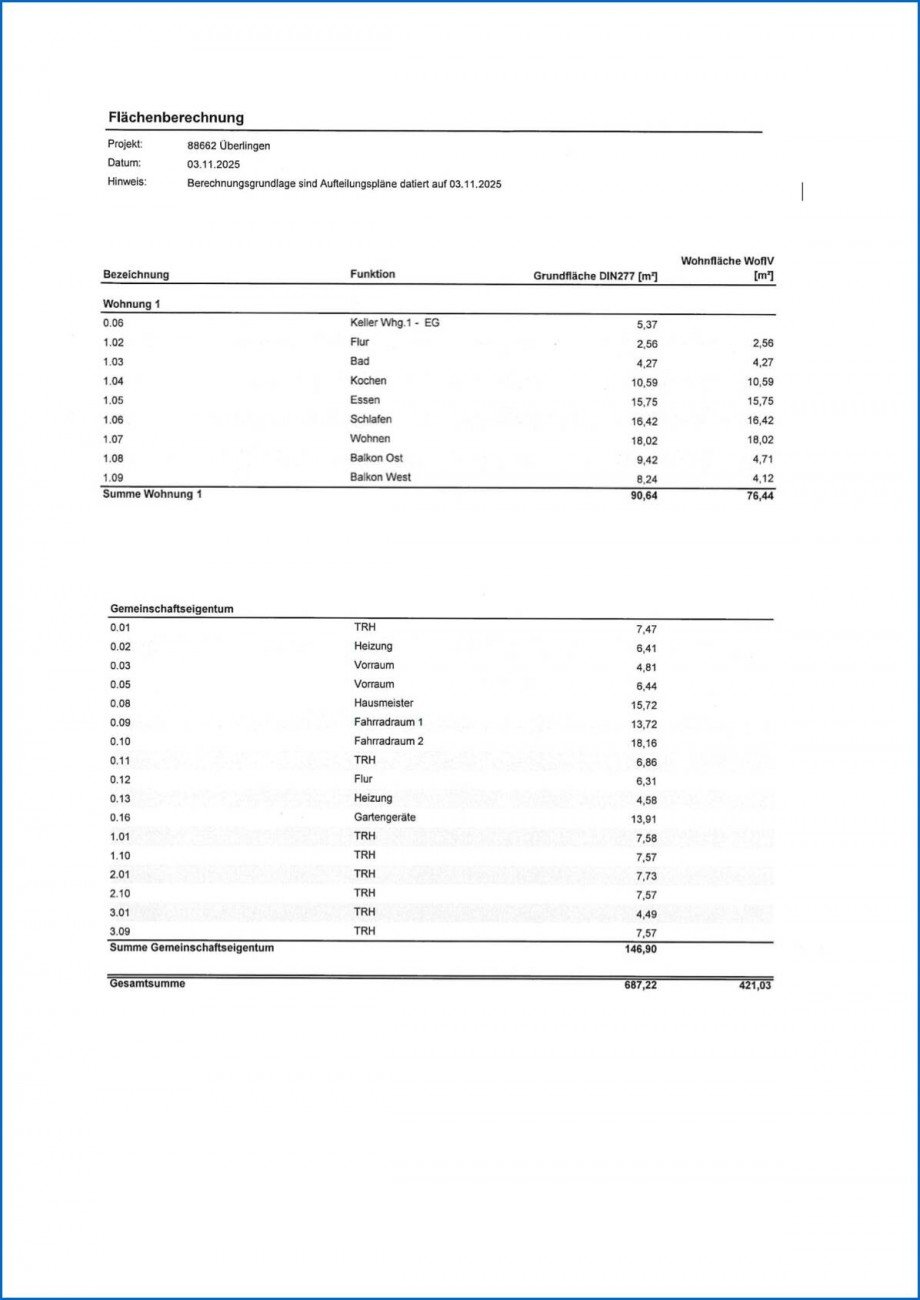 Fl�chenberechnung Whg.01 EG vom 03.11.2026 Erdgeschosswohnung �berlingen am See